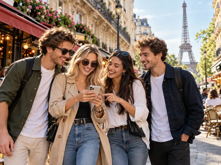 Friends Exploring Paris Beneath the Eiffel Tower